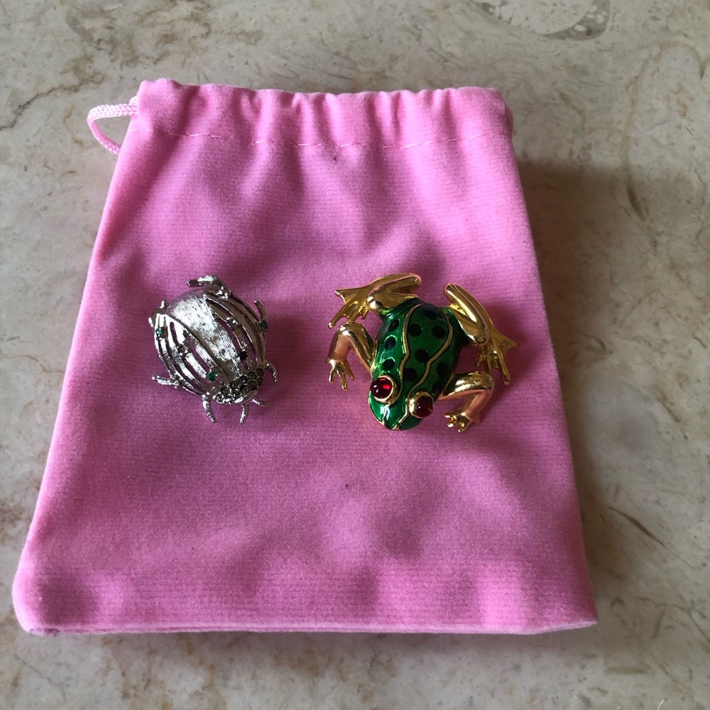 Whimsical Gold Frog and Silver Beetle Brooch Set